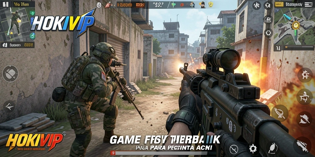 Tampilan utama screenshot HOKIVIP dengan aksi tembak-menembak yang intens.
