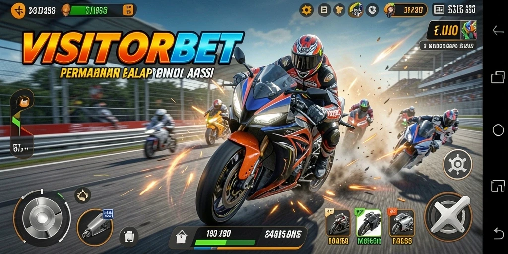 Screenshot gameplay VISITORBET menampilkan momen balapan mendebarkan dengan motor.